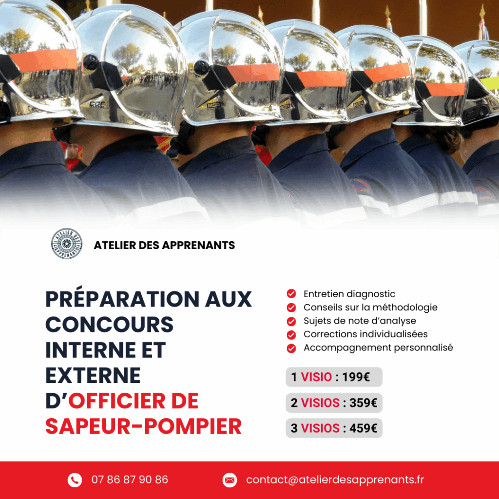 Affiche de l’Atelier des Apprenants présentant la préparation aux concours interne et externe d’officier de sapeur-pompier, avec offres de coaching en visioconférence